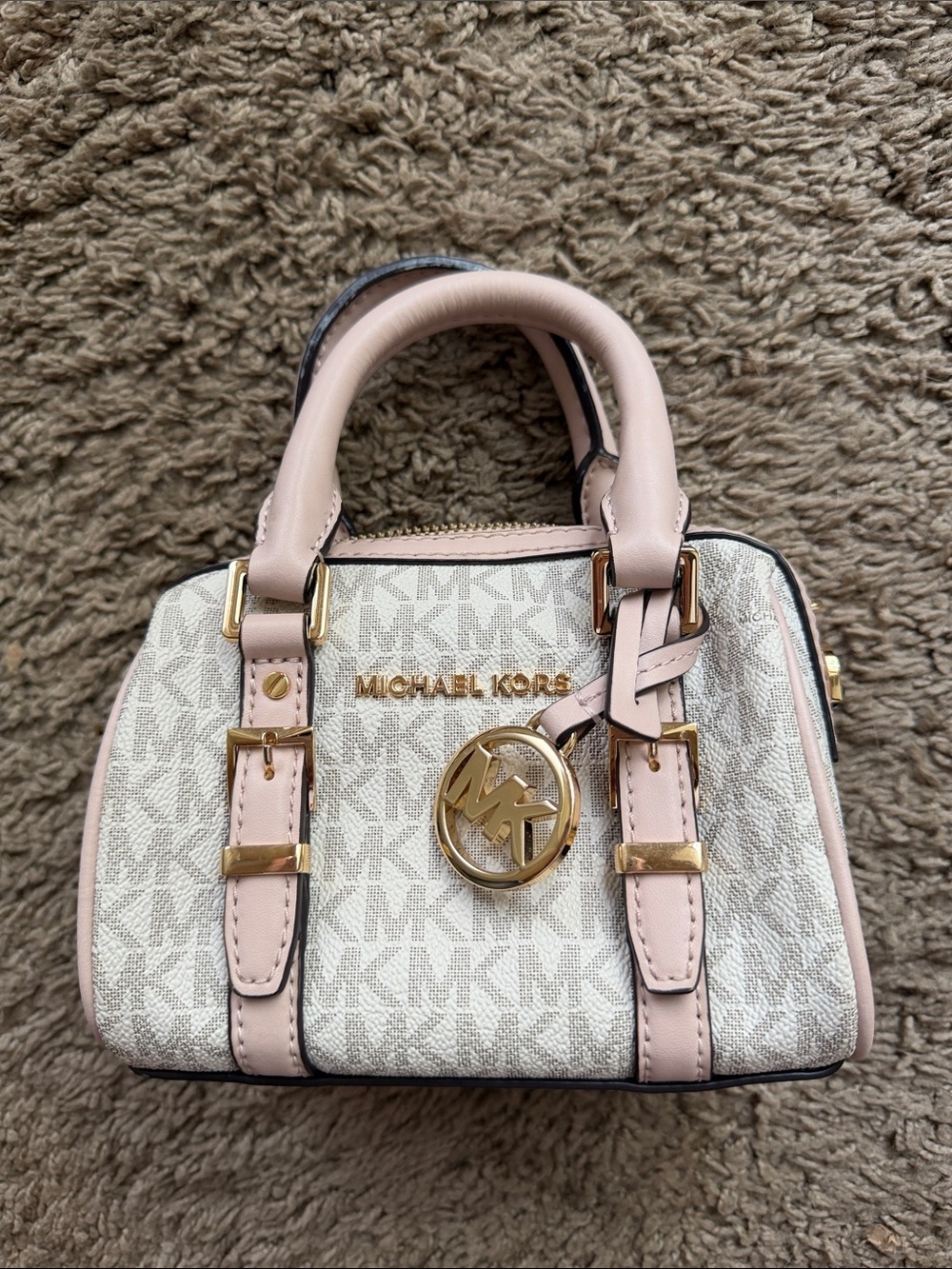 Michael Kors Pink and White Signature Logo Satchel with Gold Hardware